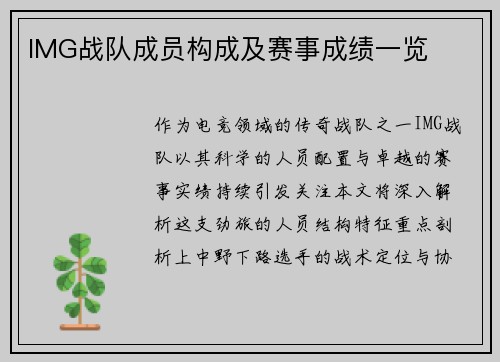 IMG战队成员构成及赛事成绩一览